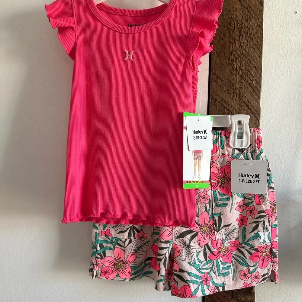 New Hurley Pink Top and Floral Shorts Set Size 3T Toddler Girl - Picture 3 of 12